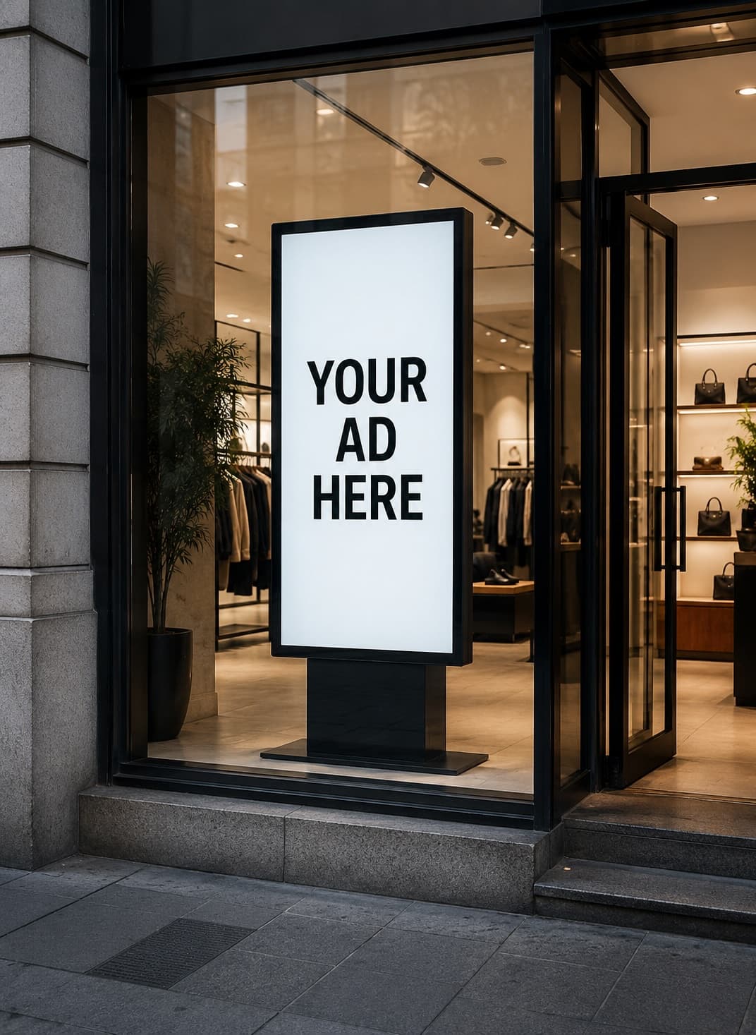 A Digital Window screen displaying an ad in a premium Zürich shop window
