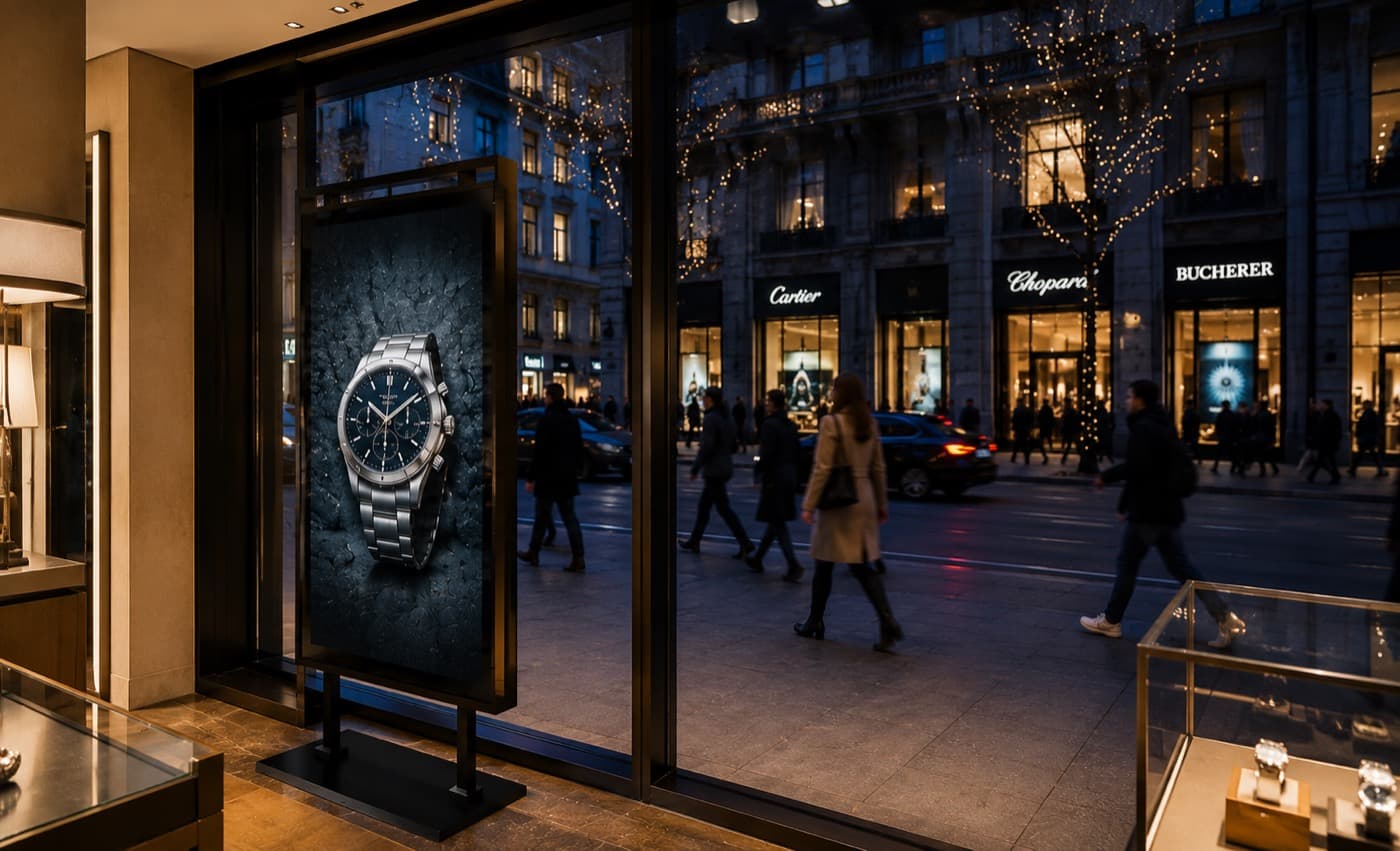 A Digital Window totem at night beside Bucherer and Cartier on Bahnhofstrasse